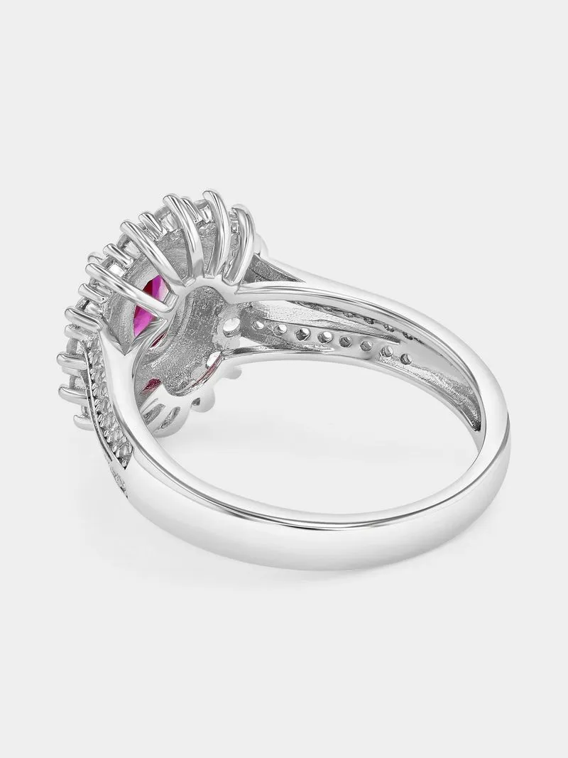 Sterling Silver Diamond & Created Sapphire & Created Ruby Oval Halo Ring