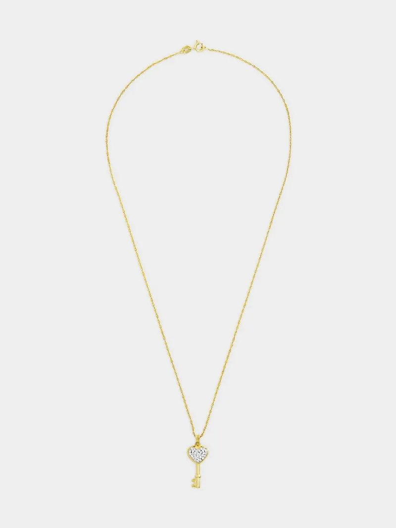 Yellow Gold Crystal Heart Key Pendant on Chain