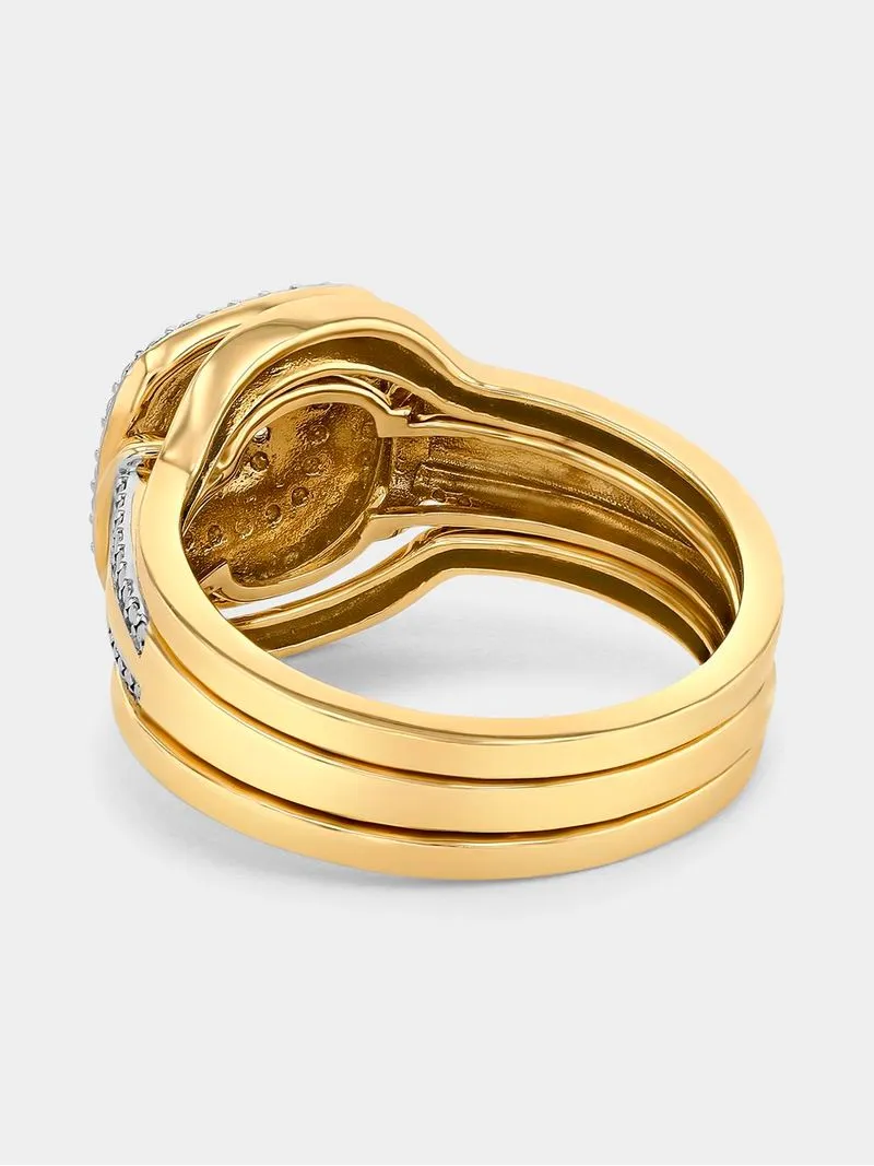 Yellow Gold Diamond & Created Sapphire Cushion Halo Triple Set Ring