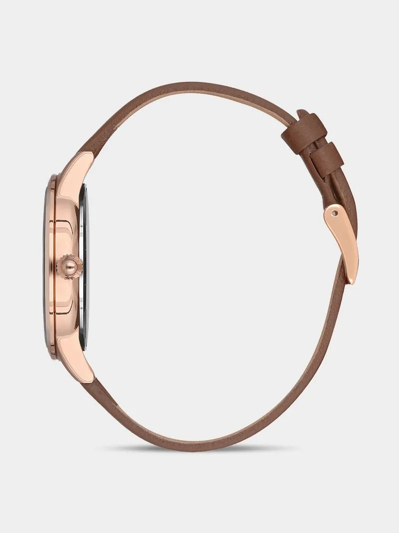 Daniel Klein Rose Plated Silver Tone Dial Brown Leather Watch