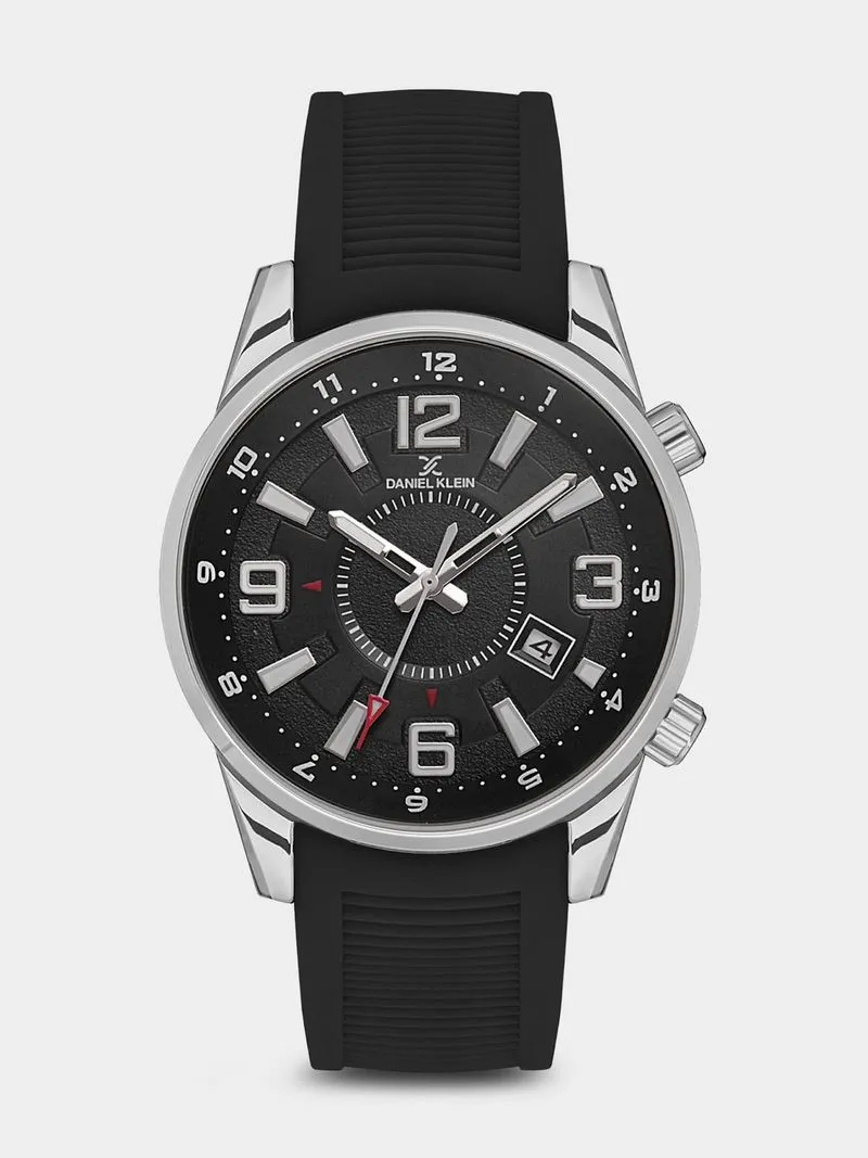 Daniel Klein Silver Plated Black Dial Black Silicone Watch
