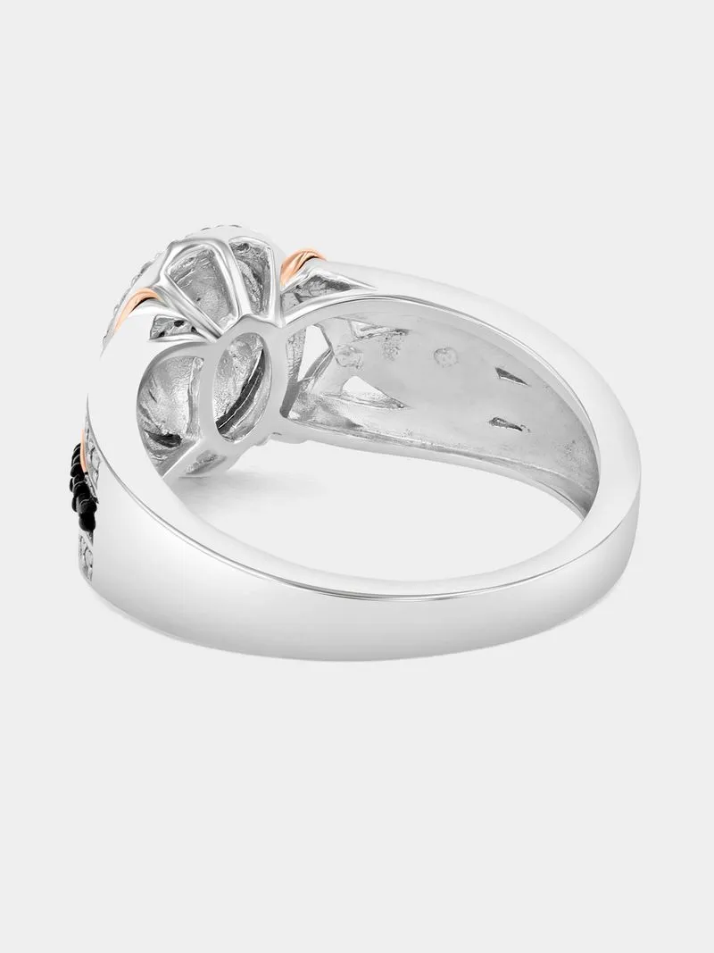 Rose Gold & Sterling Silver Black Diamond & Created Sapphire Oval Halo Ring