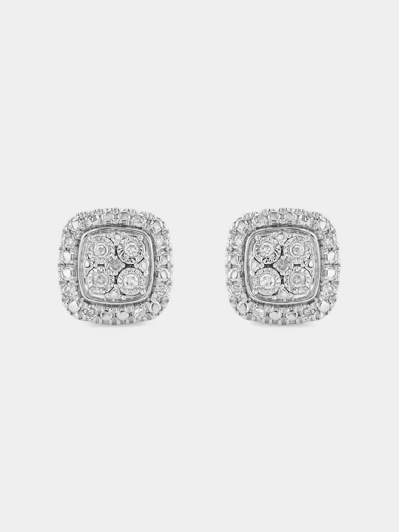 Sterling Silver Lab Grown Diamond Cushion Halo Stud Earrings