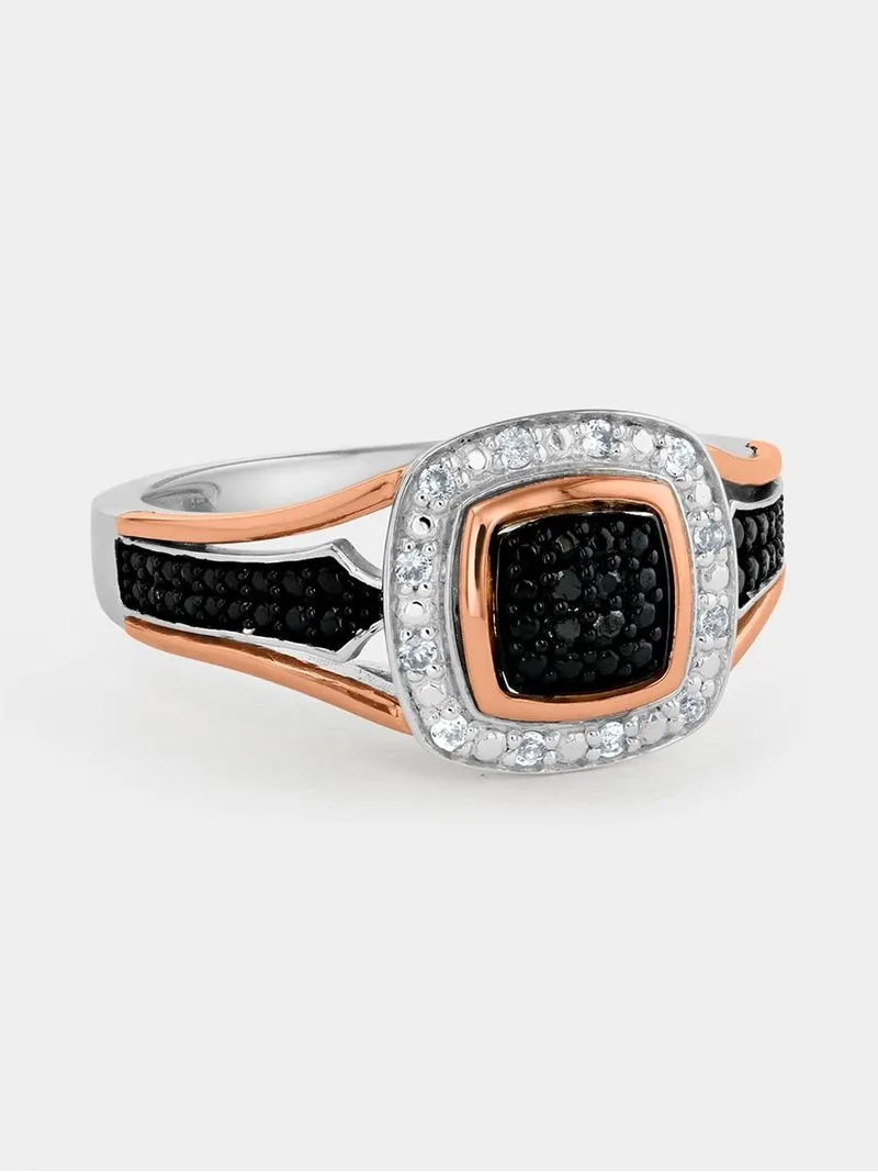 Rose Gold & Sterling Silver Black Diamond & Created White Sapphire Ring