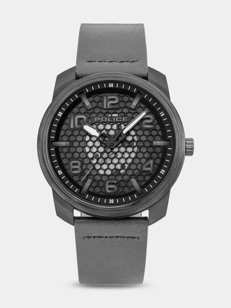 Police Protector Gunmetal Plated Black Dial Grey Leather Strap