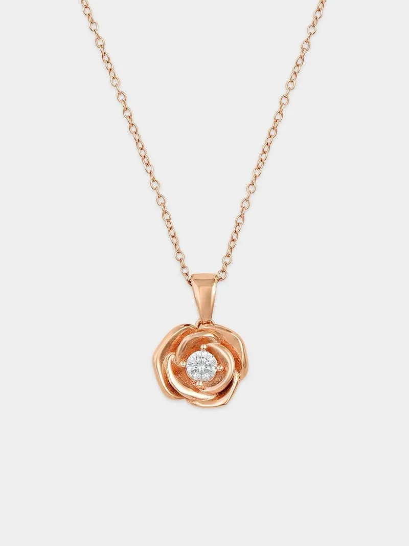 Rose Plated Sterling Silver Cubic Zirconia Solitaire Rose Pendant