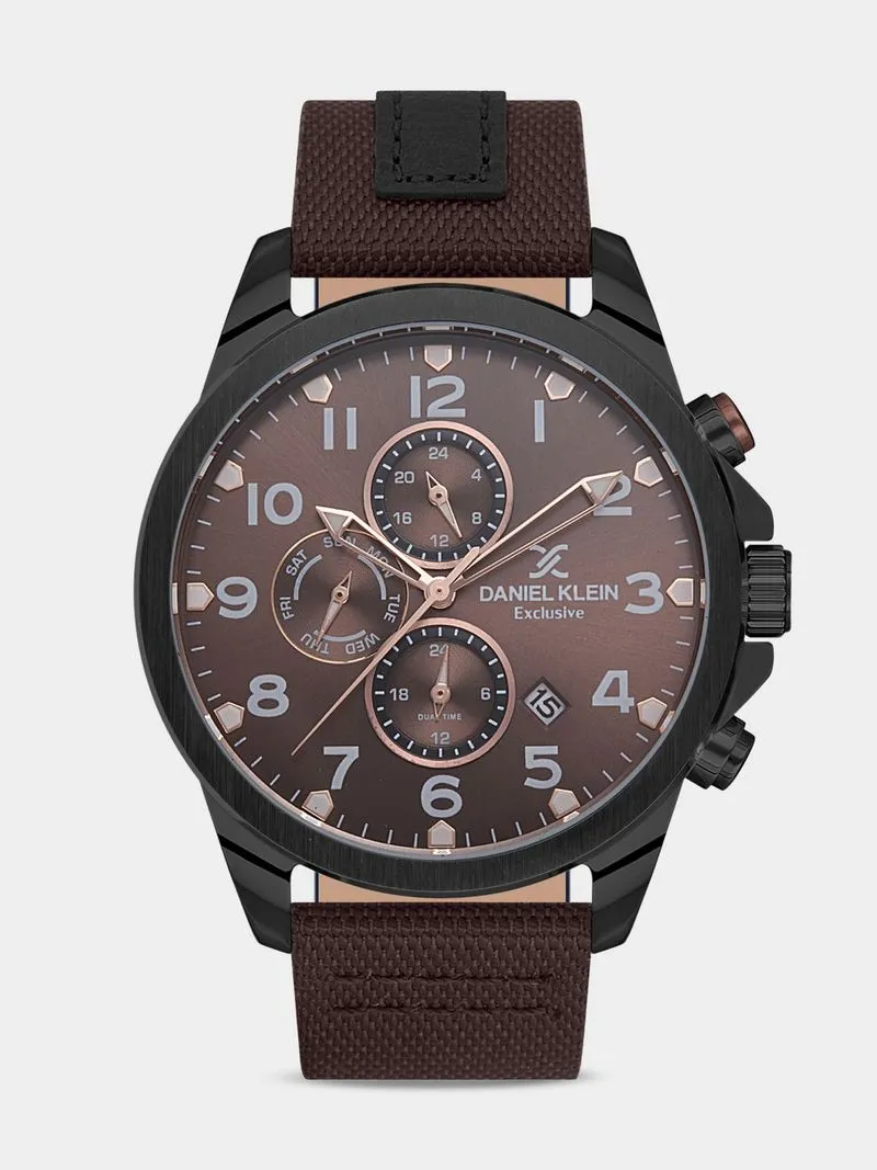 Daniel Klein Black Plated Brown Leather Chronographic Watch