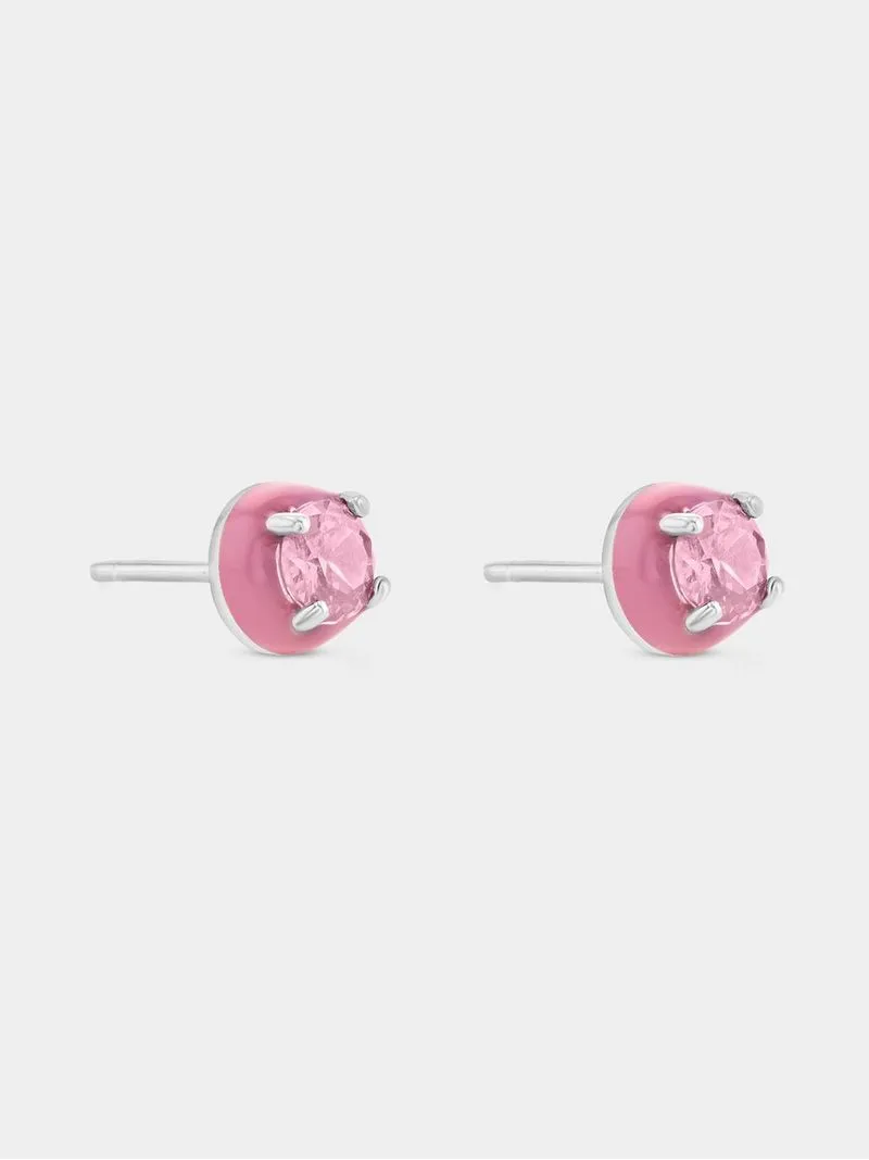 Sterling Silver Pink Cubic Zirconia Enamel Stud Earrings