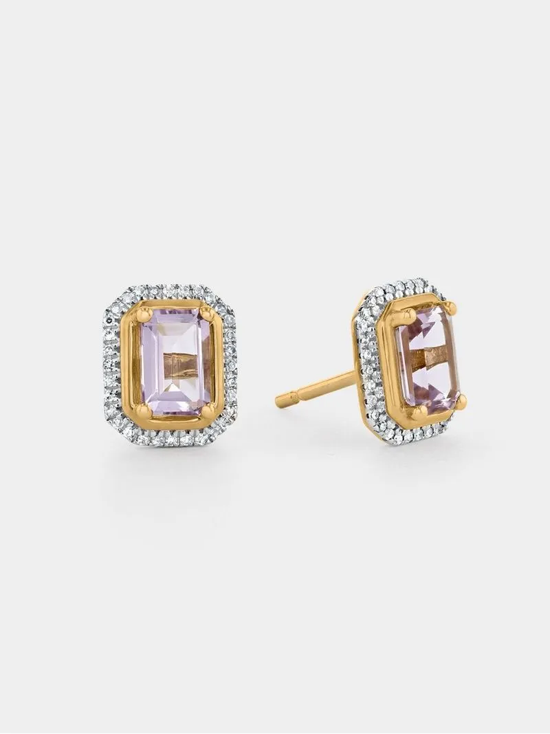 Yellow Gold Diamond & Pink Amethyst Emerald-Cut Halo Stud Earrings