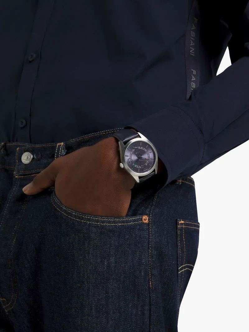 Fabiani Men's Debossed Fabiani Leather Strap Black/Gun Watch