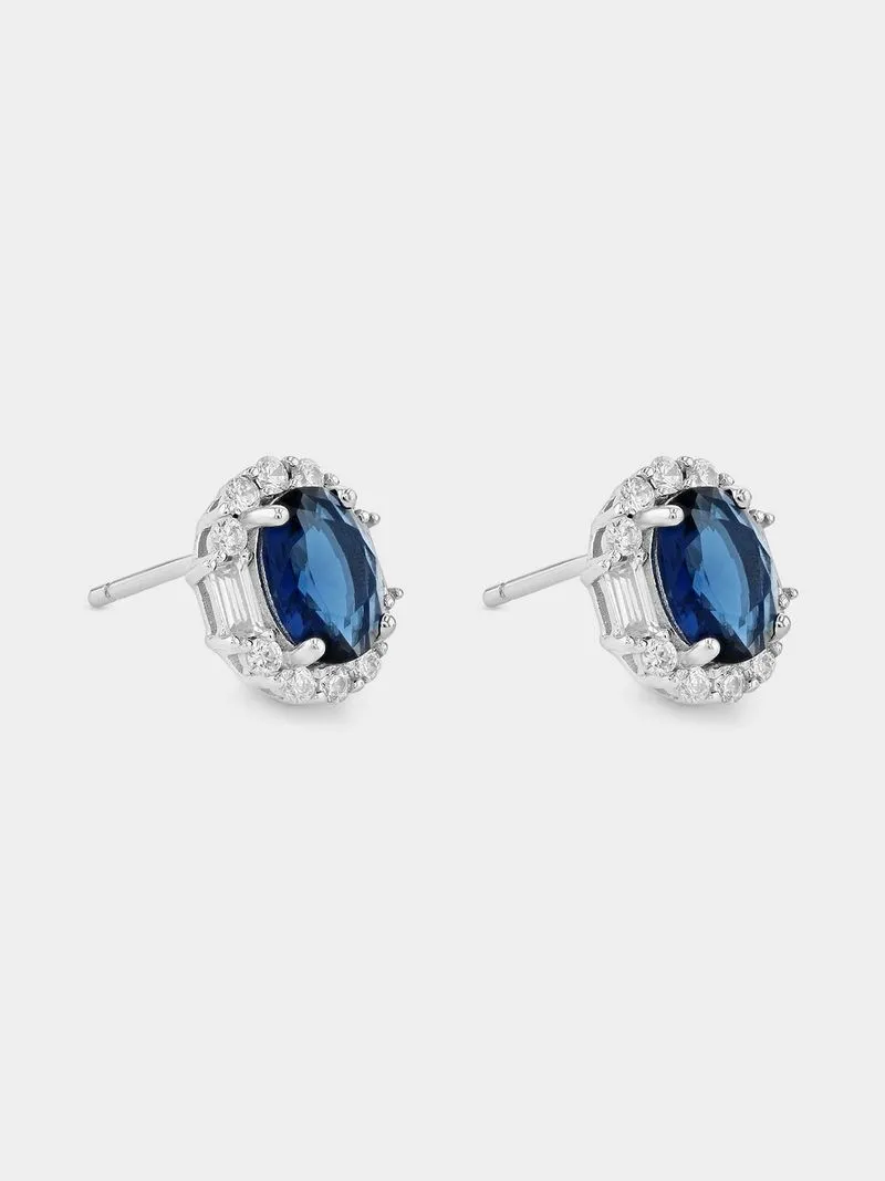 Sterling Silver Sapphire Blue Cubic Zirconia Oval Halo Stud Earrings