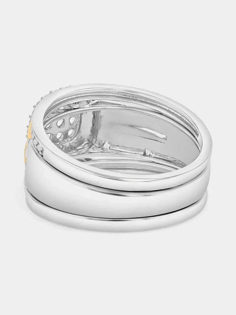 Yellow Gold & Sterling Silver Diamond Cushion Halo Triple Set Ring