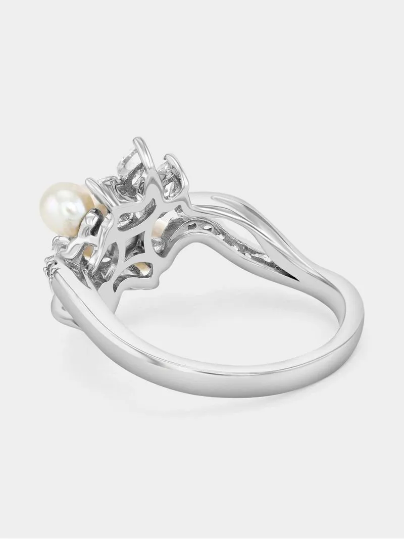 Cheté Sterling Silver Cubic Zirconia Freshwater Pearl Marquise Trilogy Ring