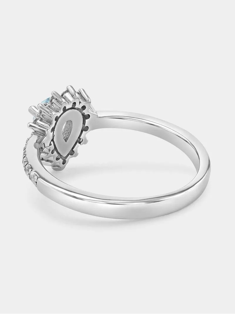 Sterling Silver Aquamarine Cubic Zirconia Pear Halo Ring