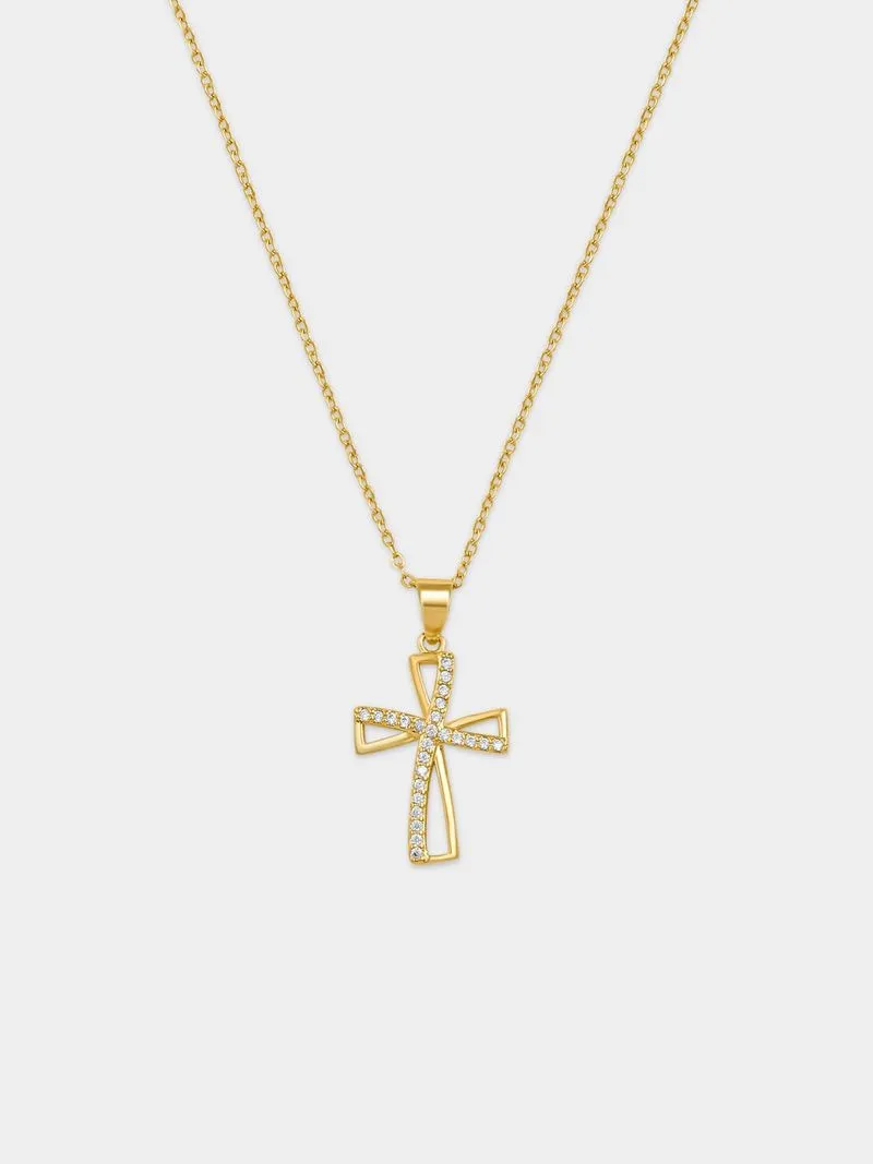 Gold Plated Sterling Silver Cubic Zirconia Open Cross Pendant