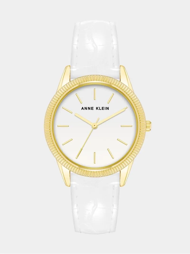 Anne Klein Gold Plated White Faux Leather Watch