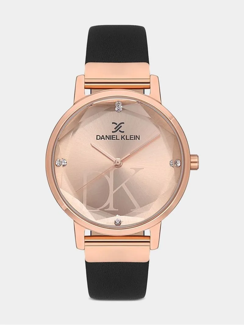 Daniel Klein Rose Plated Rose Tone Dial Black Leather Watch