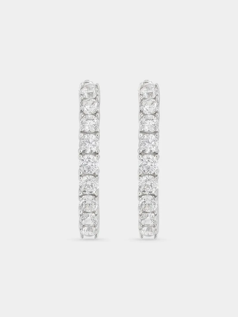 Sterling Silver Cubic Zirconia Half Pave Hoop Earrings