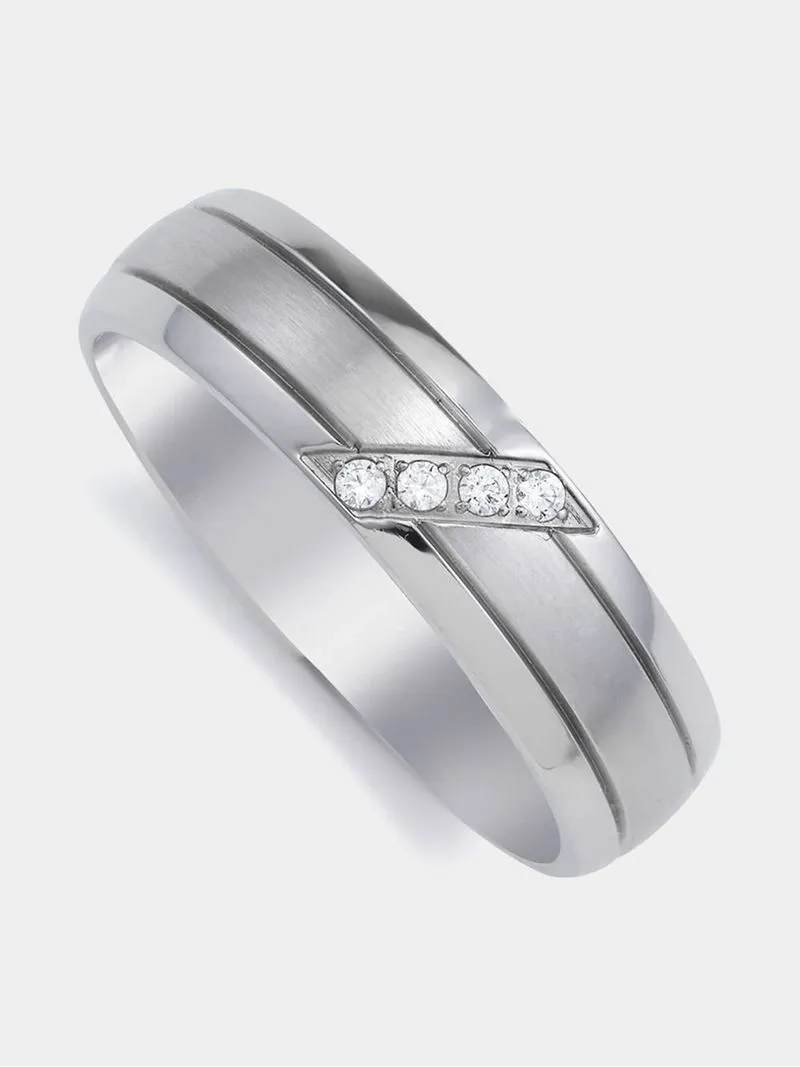 Stainless Steel & Cubic Zirconia Diagonal Striped Men’s Ring