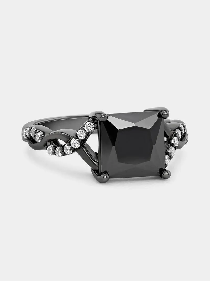 Black Plated Sterling Silver Black Cubic Zirconia Princess Ring