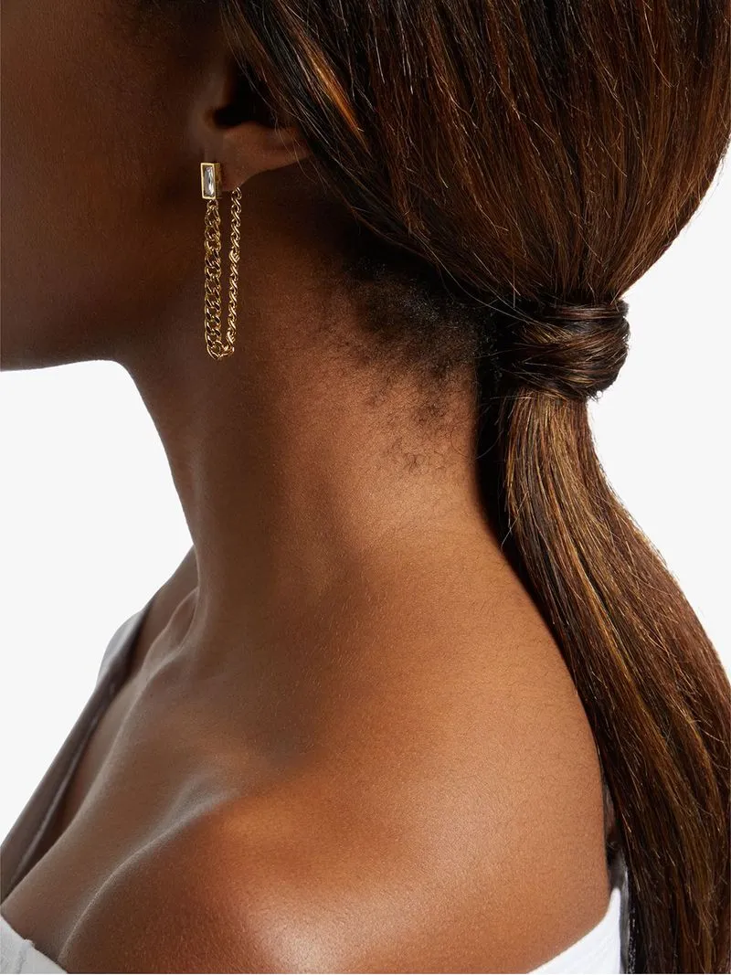 Stainless Steel 18ct Gold Plated Waterproof clear emerald cut stud with chain