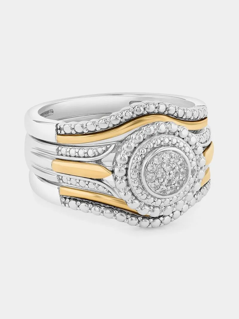 Yellow Gold & Sterling Silver Diamond & Created Sapphire Round Halo Triple Set Ring