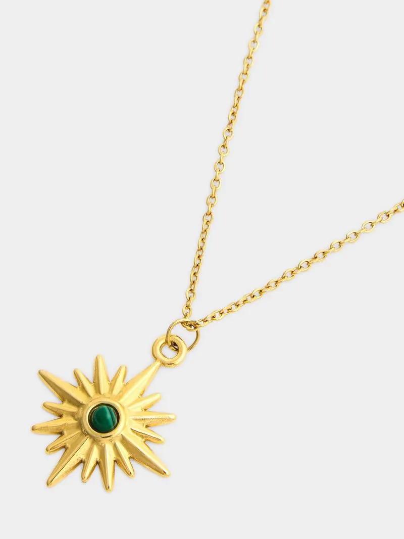 18ct Gold Plated Waterproof Stainless Steel Northstar Pendant with Green accent