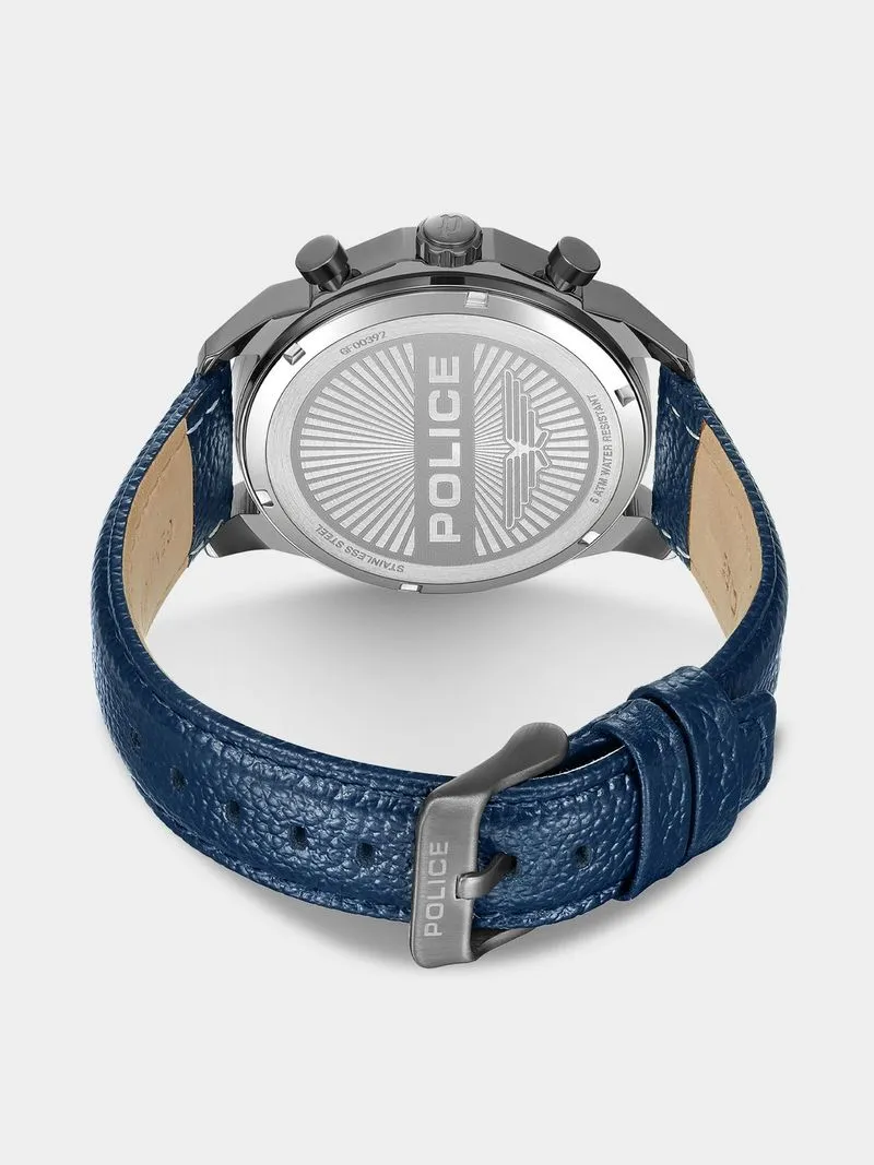 Police Reactor Gunmetal Plated Blue Dial Blue Leather Chronographic Watch