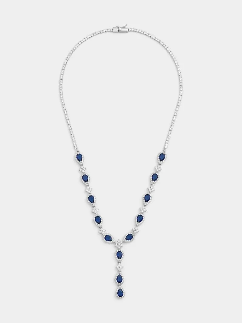 Sterling Silver Sapphire Blue Cubic Zirconia Pear Halo Necklace