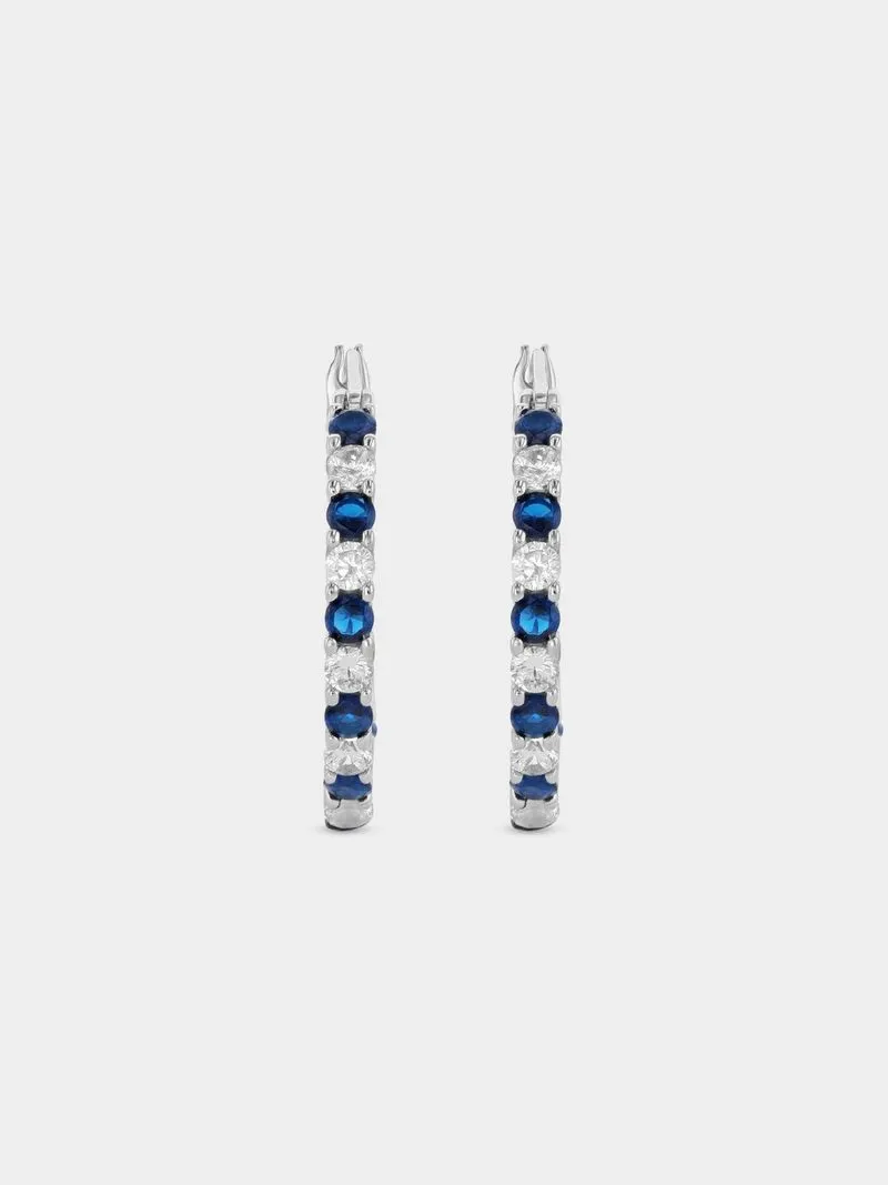 Sterling Silver Blue & White Cubic Zirconia Inside Out Hoop Earrings