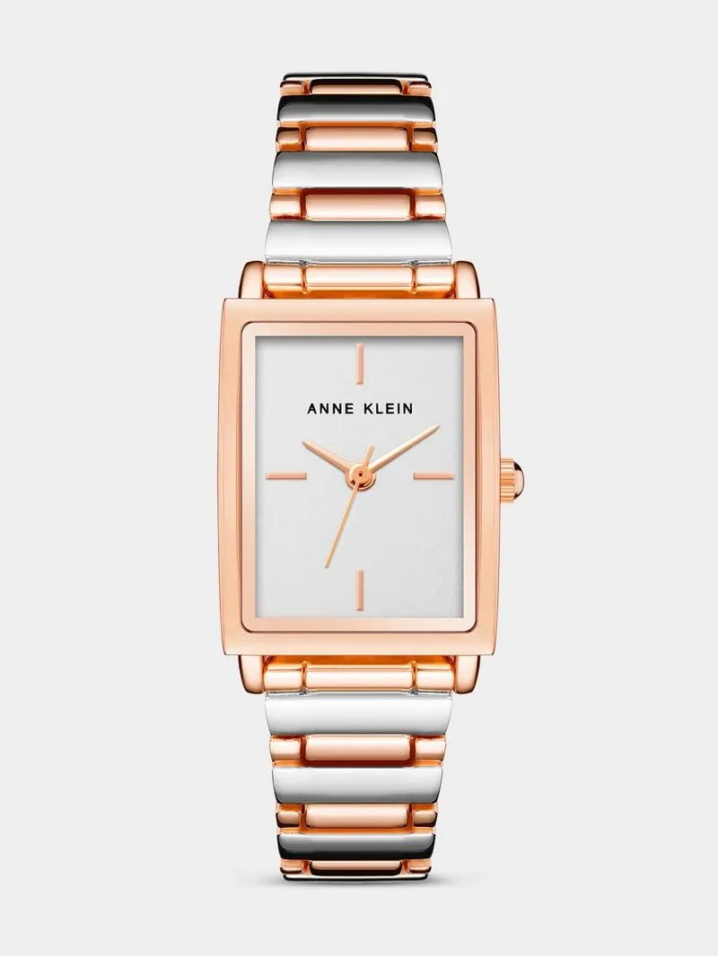 Anne Klein Rose & Silver Plated Rectangular Bracelet Watch