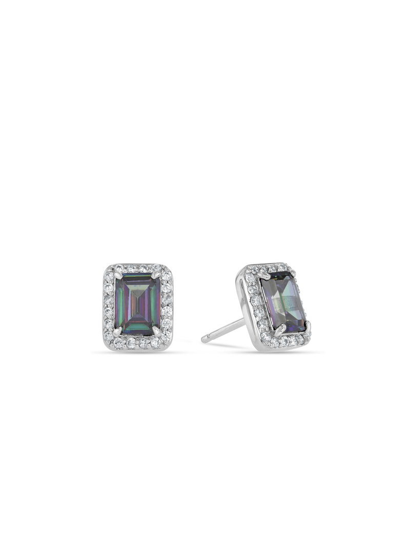 Sterling Silver Mystic Topaz Cubic Zirconia Women’s Emerald-Cut Halo Stud Earrings
