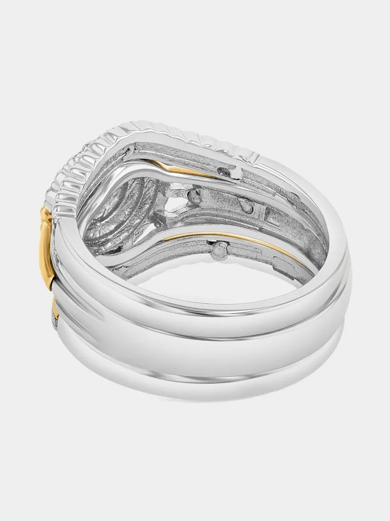 Yellow Gold & Sterling Silver Diamond & Created Sapphire Round Halo Triple Set Ring