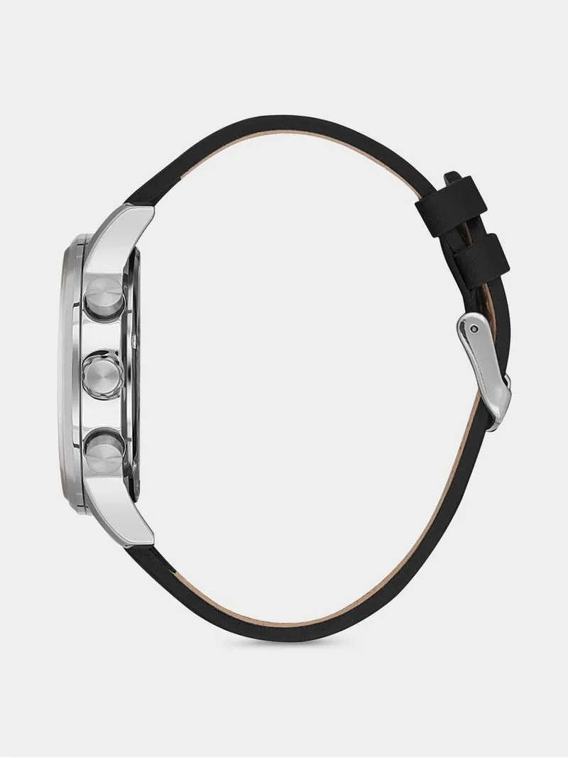 Daniel Klein Silver Plated Black Leather Chronographic Watch