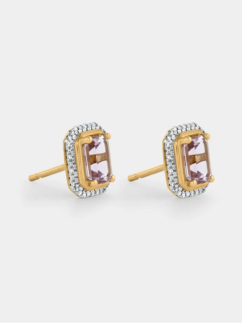 Yellow Gold Diamond & Pink Amethyst Emerald-Cut Halo Stud Earrings