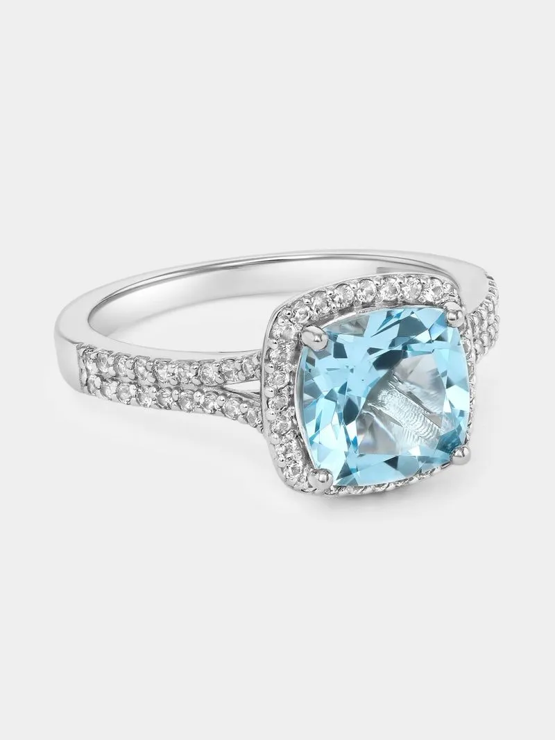 White Gold Sky Blue Topaz Cushion Halo Ring