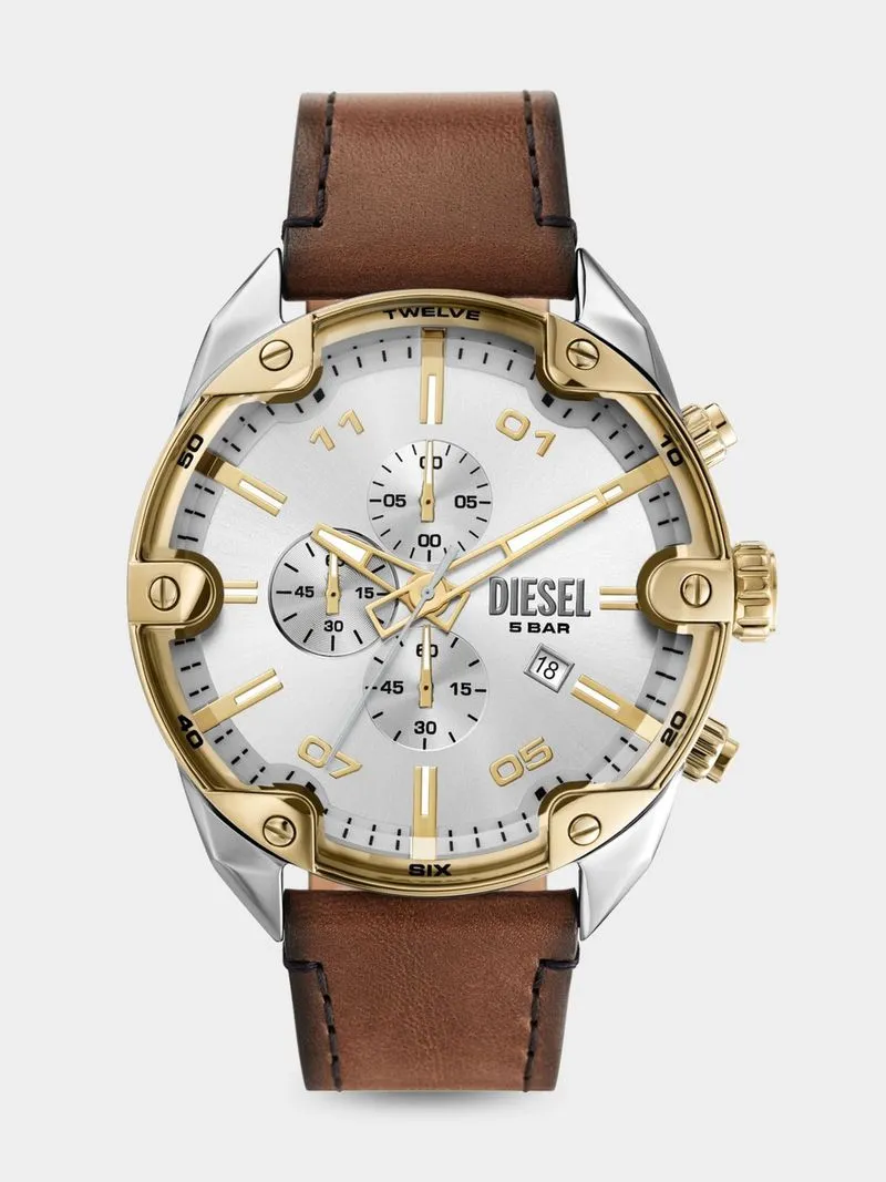 Diesel Mr. Daddy 2.0 Silver & Gold Plated Stainless Steel Brown Leather Chronograph Watch