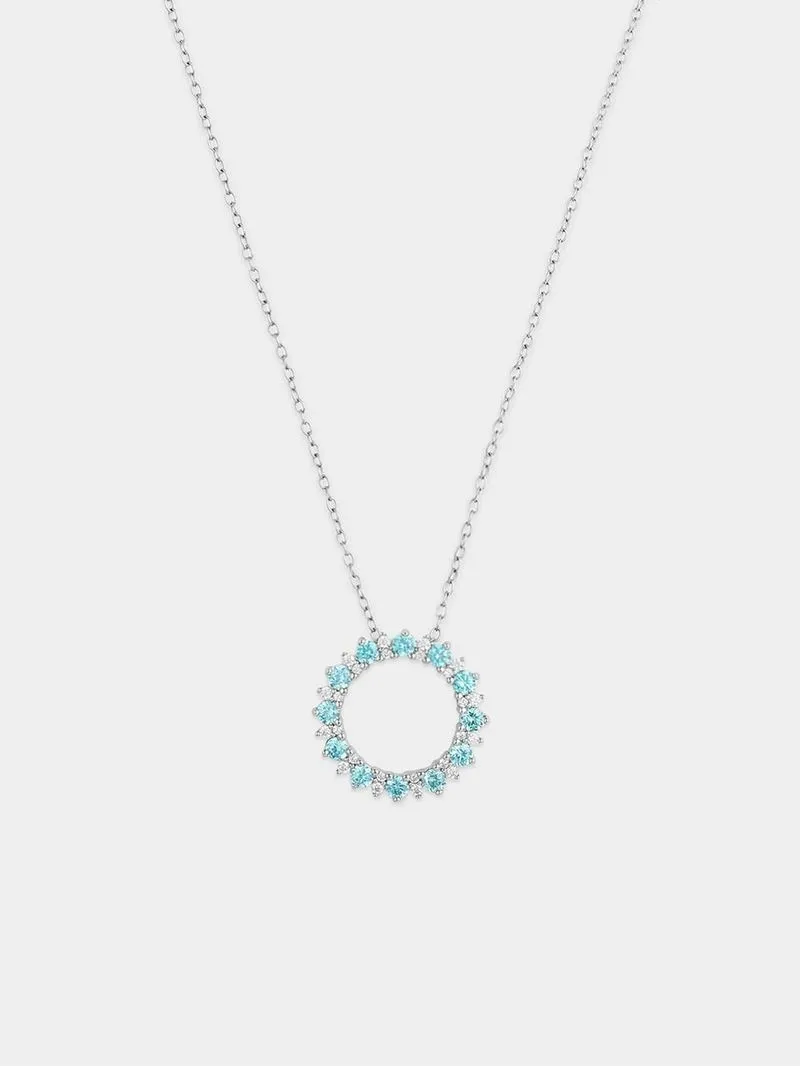 Sterling Silver Aquamarine & White Cubic Zirconia Circle Pendant