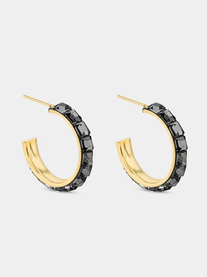 Yellow Gold Black Crystal Open End Hoop Earrings