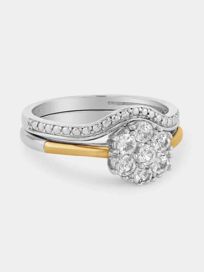 Yellow Gold & Sterling Silver Diamond & Created Sapphire Cluster Twin Set Ring