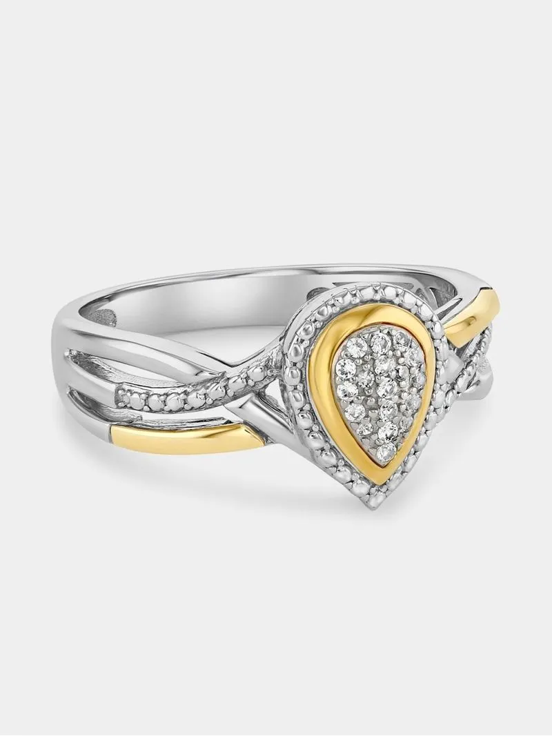 Yellow Gold & Sterling Silver Diamond & Created Sapphire Pear Halo Twist Ring