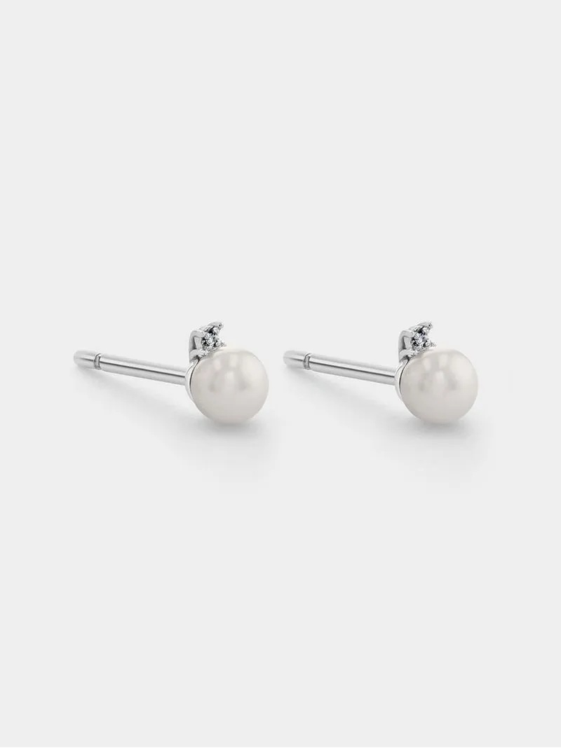 Sterling Silver Diamond & Freshwater Pearl Stud Earrings