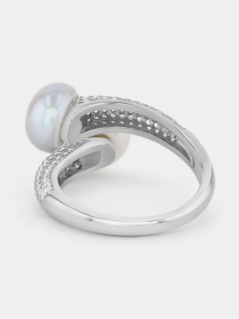 Sterling Silver Grey & White Freshwater Pearl Pavé Wrap Women’s Ring