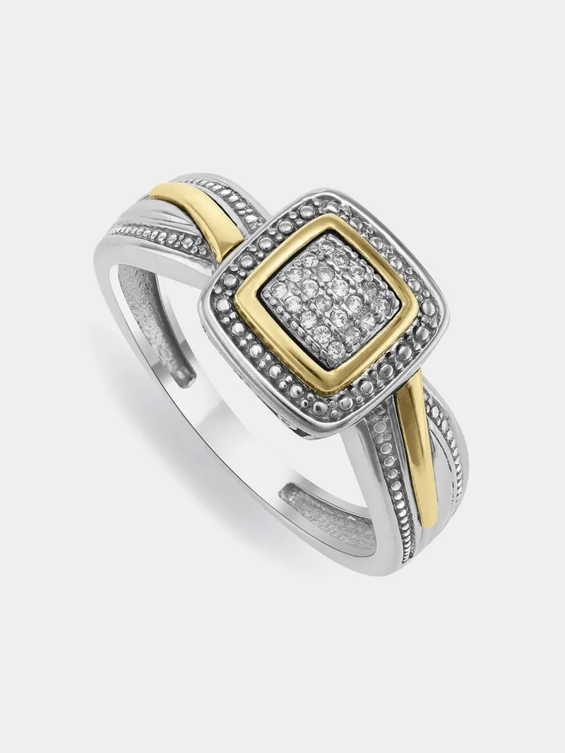 Yellow Gold & Sterling Silver Diamond & Created Sapphire Crossover Cushion Ring