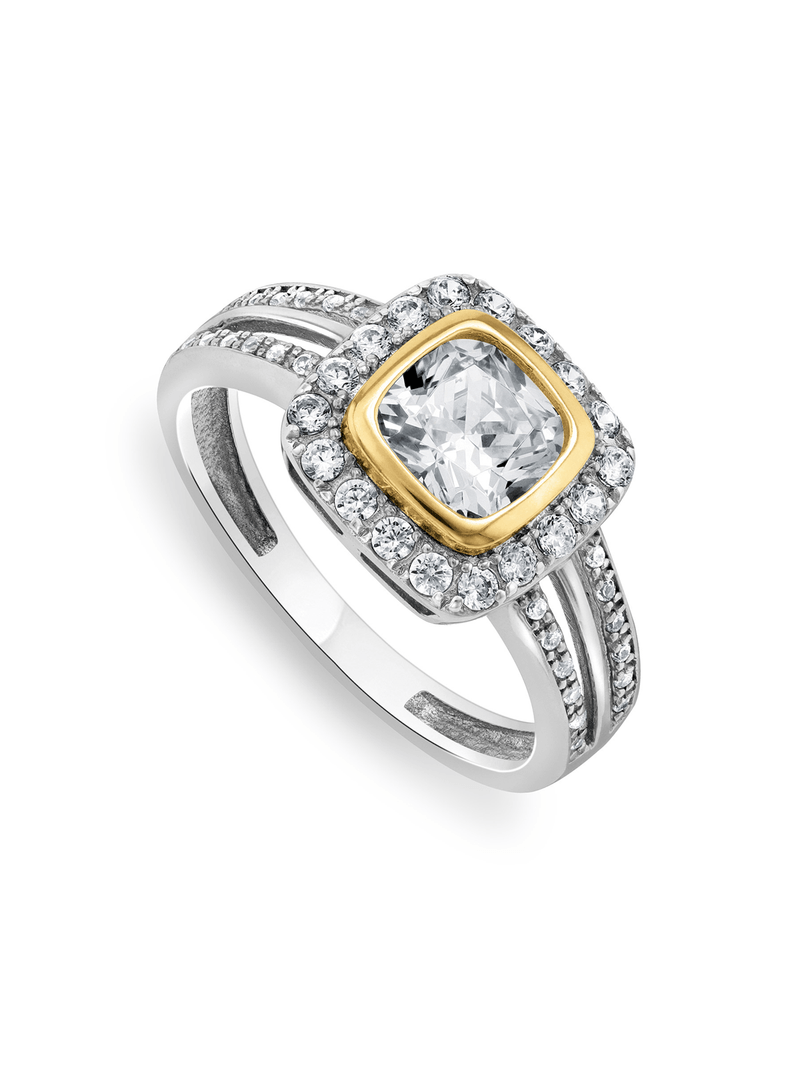 Yellow Gold & Sterling Silver Diamond & Created Sapphire Cushion Ring