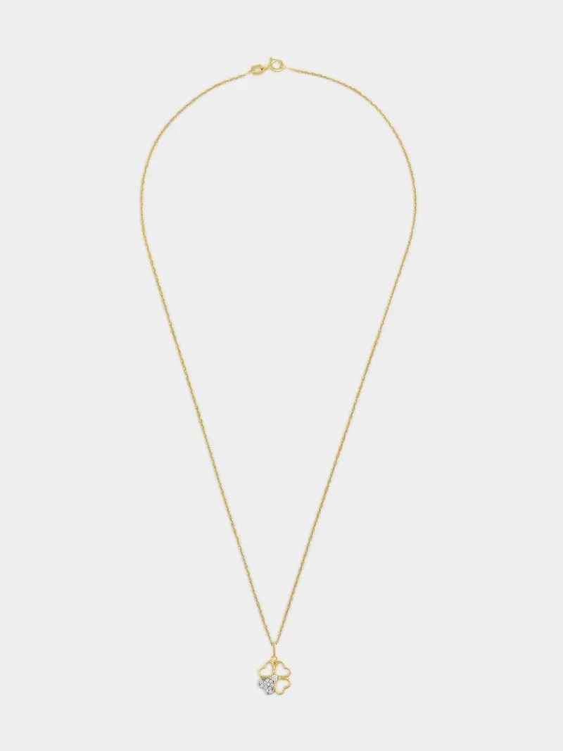 Yellow Gold Cubic Zirconia Heart Clover Pendant on Chain