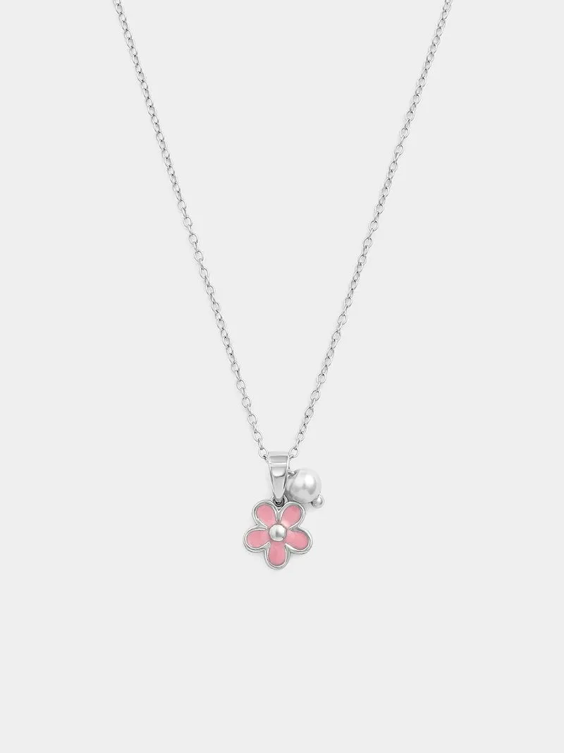 Sterling Silver Freshwater Pearl Pink Enamel Daisy Pendant