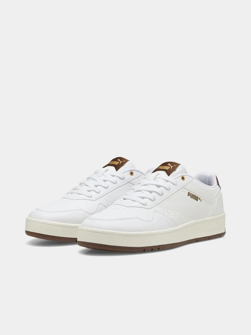 Mens Puma Court Classic White/Brown/Gold Sneakers