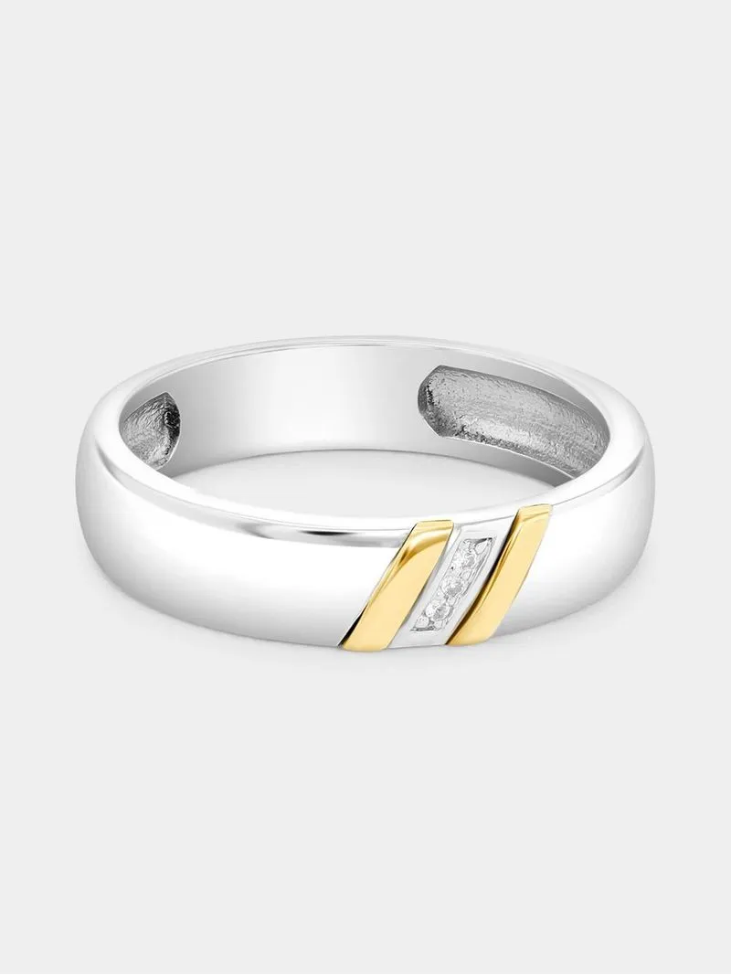 Yellow Gold & Sterling Silver Diamond Diagonal Strokes Ring