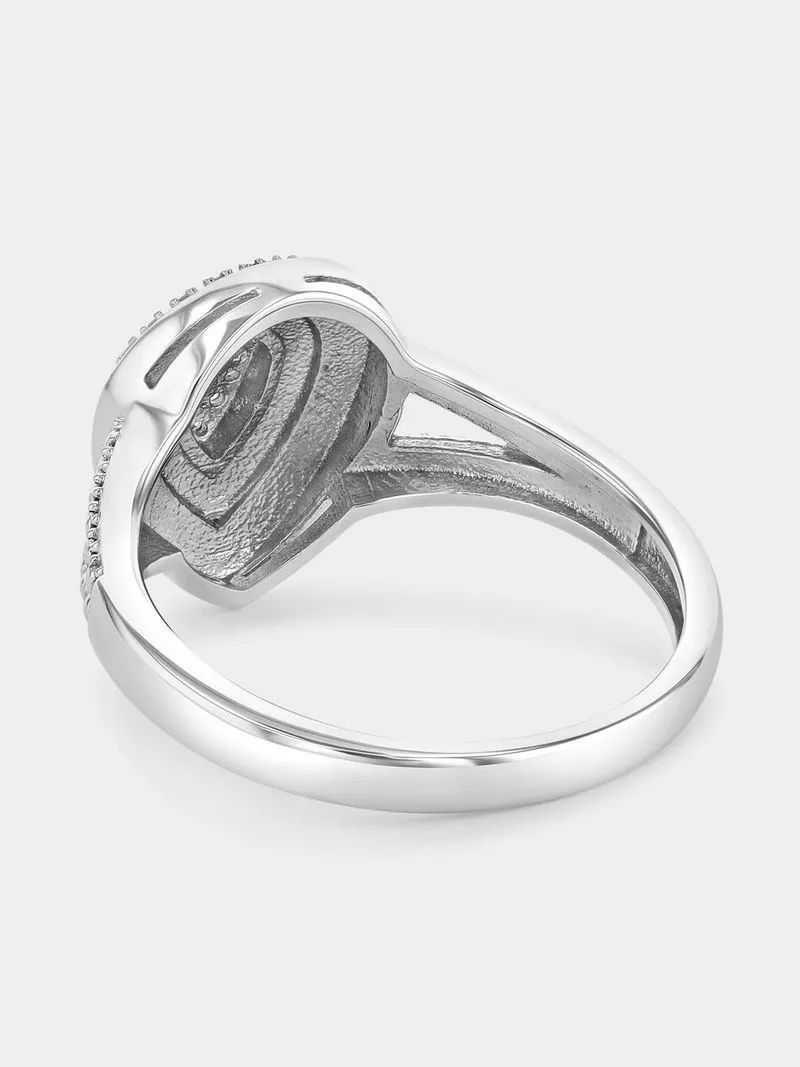 Sterling Silver Diamond & Created Sapphire Pear Double Halo Ring